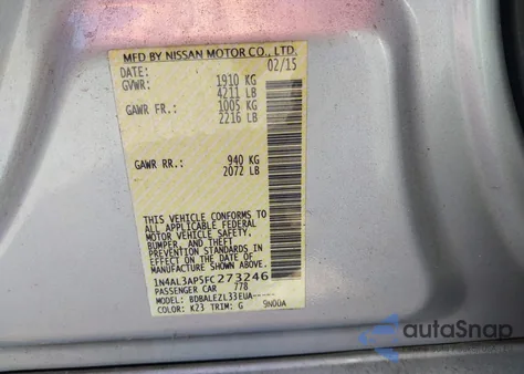 2015 Nissan Altima 2.5/2.5 S/2.5 Sl/2.5 Sv z USA, uszkodzony, nr VIN 1N4AL3AP5FC273246